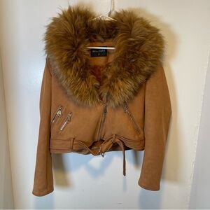 Bellivera faux leather suede moto biker jacket with fur removable belt women's M